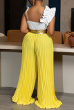 Casual Patchwork Backless Ruched Strap Design Contrast Ruffled Trim Spaghetti Strap Loose Jumpsuits
