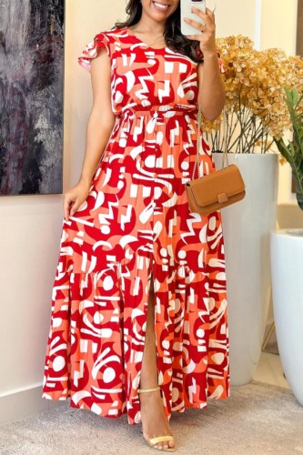 Casual Print Slit O Neck Long Dresses