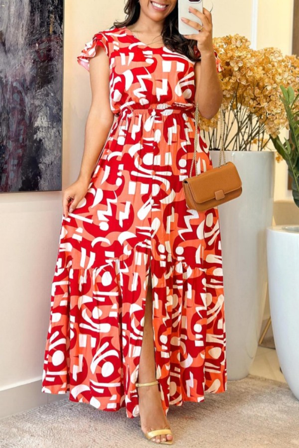 Casual Print Slit O Neck Long Dresses