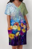 Casual Print Pocket V Neck Short Sleeve Plus Size Dresses