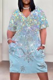 Casual Print Pocket V Neck Short Sleeve Plus Size Dresses