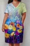 Casual Print Pocket V Neck Short Sleeve Plus Size Dresses