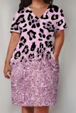 Casual Print Pocket V Neck Short Sleeve Plus Size Dresses