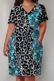 Casual Print Pocket V Neck Short Sleeve Plus Size Dresses