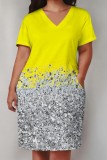 Casual Print Pocket V Neck Short Sleeve Plus Size Dresses