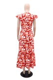Casual Print Slit O Neck Long Dresses