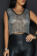 Sexy Solid Color Patchwork See-Through Hot Drill Contrast O Neck T-Shirts
