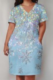 Casual Print Pocket V Neck Short Sleeve Plus Size Dresses