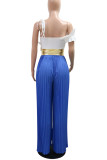 Casual Patchwork Backless Ruched Strap Design Contrast Ruffled Trim Spaghetti Strap Loose Jumpsuits