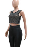 Sexy Solid Color Patchwork See-Through Hot Drill Contrast O Neck T-Shirts
