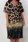 Casual Print Pocket V Neck Short Sleeve Plus Size Dresses
