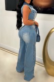 Casual Solid Color Hollow Out Slit Turndown Collar Bodycon Jumpsuits