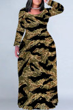 Casual Leopard Print Faux Denim Print Contrast O Neck Printed Plus Size Dresses