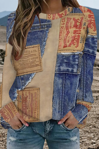 Casual Street Faux Denim Print Contrast O Neck Tops
