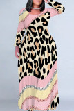 Casual Leopard Print Faux Denim Print Contrast O Neck Printed Plus Size Dresses