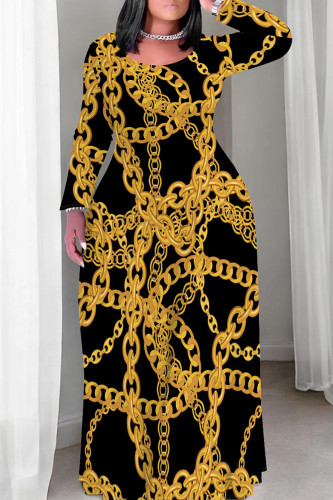 Casual Print Patchwork O Neck Long Plus Size Dresses