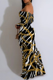 Sexy Gradient Chain print Contrast Off Shoulder One Step Skirt Dresses