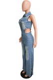 Casual Solid Color Hollow Out Slit Turndown Collar Bodycon Jumpsuits