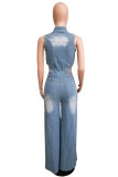 Casual Solid Color Hollow Out Slit Turndown Collar Bodycon Jumpsuits