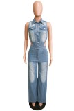 Casual Solid Color Hollow Out Slit Turndown Collar Bodycon Jumpsuits