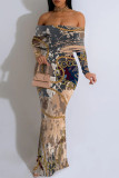 Sexy Gradient Chain print Contrast Off Shoulder One Step Skirt Dresses
