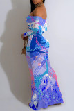 Sexy Gradient Chain print Contrast Off Shoulder One Step Skirt Dresses