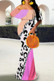 Elegant Print Patchwork Backless Off Shoulder Long Dresses