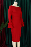 Elegant Solid Color Patchwork Slit Zipper O Neck Wrapped Skirt Plus Size Dresses
