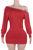 Sexy Solid Color Patchwork Backless Oblique Collar Wrapped Skirt Dresses