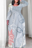 Casual Floral Print Pocket Contrast O Neck Printed Plus Size Dresses