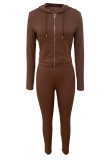 Casual Solid Color Patchwork Zipper Hooded Long Sleeve Two Pieces