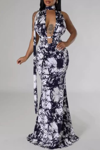 Sexy Tie Dye Print Hollow Out Backless Belted Halter Long Dresses