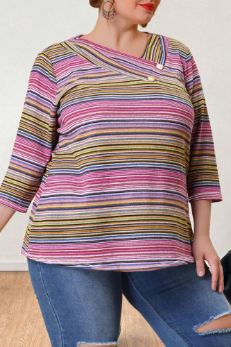 Casual Striped Print Basic Oblique Collar Plus Size Tops