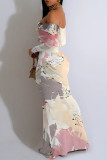 Sexy Floral Print Stripe Contrast Off Shoulder Printed Dresses