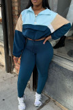 Casual Draw String Patchwork Zipper Contrast Zipper Collar Long Sleeve Two Pieces