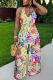 Casual Floral Print Backless Halter Regular Jumpsuits