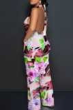 Casual Floral Print Backless Halter Regular Jumpsuits