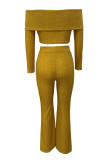 Casual Solid Color Buckle Patchwork Off Shoulder Long Sleeve Two Pieces