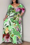 Casual Floral Print Belted V Neck Long Plus Size Dresses