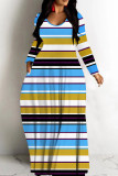 Casual Striped Print Basic V Neck Long Dresses