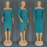 Casual Patchwork Hot Drill O Neck Wrapped Skirt Dresses