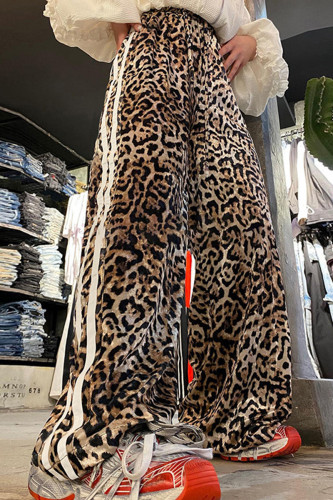 Casual Leopard Print Patchwork Contrast Loose Mid Waist Speaker Patchwork Bottoms