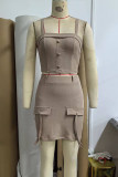 Sexy Solid Color Buttons Patchwork Spaghetti Strap Sleeveless Two Pieces