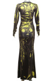 Elegant Solid Color Patchwork Ruched O Neck Long Dresses