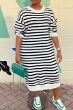 Casual Striped Print Basic O Neck Long Sleeve Plus Size Dresses