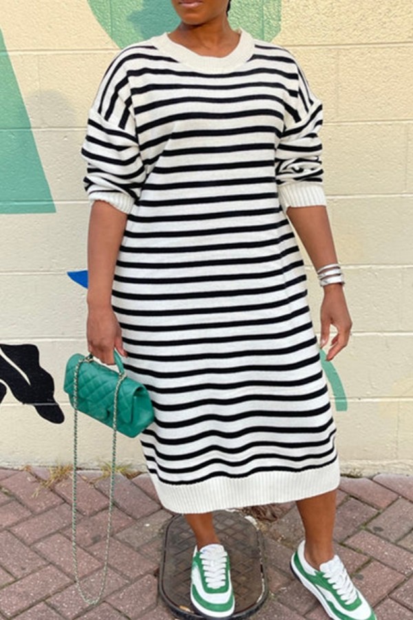 Casual Striped Print Basic O Neck Long Sleeve Plus Size Dresses