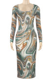 Elegant Print Patchwork U Neck Long Dresses