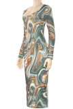 Elegant Print Patchwork U Neck Long Dresses