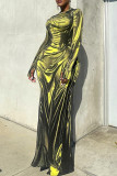 Elegant Solid Color Patchwork Ruched O Neck Long Dresses
