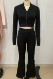 Casual Solid Color Patchwork Zipper Zipper Collar Long Sleeve Two Pieces